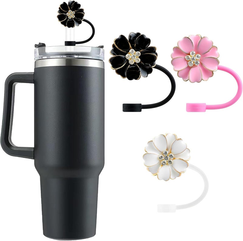 SEMATA 3 Pcs Cute Flower Straw Cover Cap for Stanley Cup Resuable Diamond Silicone Straw Toppers Compatible with Stanley 30/40 oz Tumblers Drinking Cup Accessories for 10mm Tips - Image 1